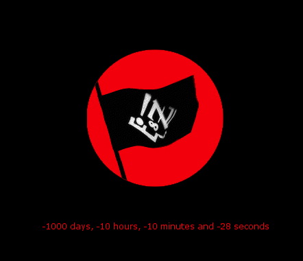 Black flag with white glyphs inside a red circle on black; red caption reads: -1000 days, -10 hours, -10 minutes and -28 seconds