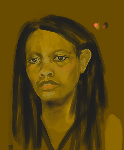 Digital self-portrait painting in ochre and umber tones: a woman with long dark hair gazing left, two small moons floating beside her head