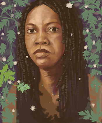 Digital self-portrait painting: a woman with long braids looking straight out, framed by green leaves and small white blossoms on deep purple