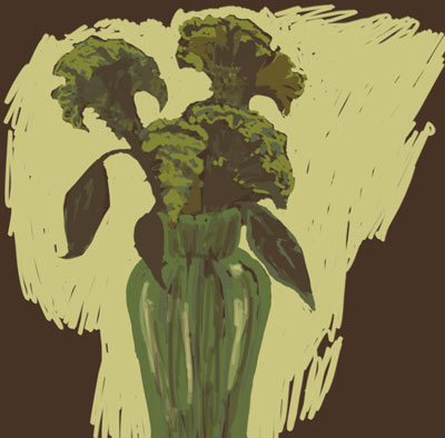Digital painting of celosia flowers in a green vase, olive greens on a brown ground with rough pale yellow brushwork around it