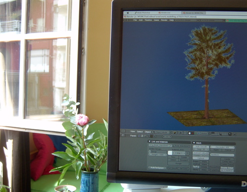 A single pink peony in a small blue vase on a green bench by an open window, next to a monitor showing Blender with a 3d tree model