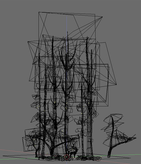 Blender wireframe view of a cluster of bare trees for The Endless Forest, black lines on grey