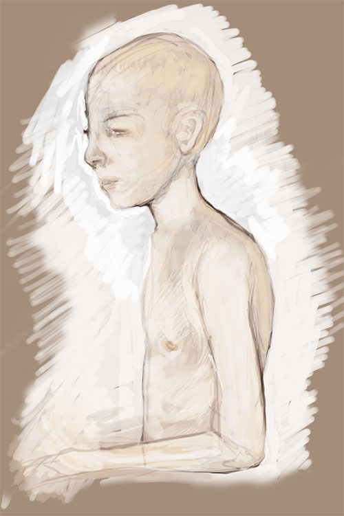 Digital figure study of a thin androgynous figure in profile, eyes closed, sketched in pale flesh tones on brown with white scribbled ground