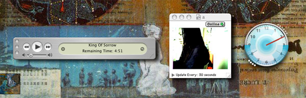 Mac OS X desktop collage: an mp3 player showing 'King Of Sorrow' (4:51 left), a webcam widget and a clock over an ornate collaged background