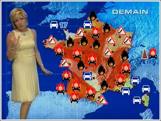 French TV weather map ('DEMAIN') covered in burning-car and riot icons instead of weather symbols — the 2005 riots as forecast