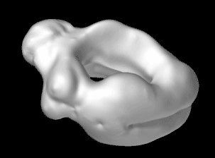 Smooth white 3d sculpture render on black: two abstracted nude figures curled into a ring, one body flowing into the other