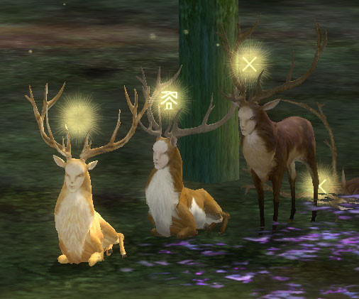 Three stags from The Endless Forest sitting and standing in dark woods, human faces and glowing runes floating over their antlers