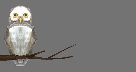 Low-poly 3d white owl with wide yellow eyes perched on a bare branch, against flat grey