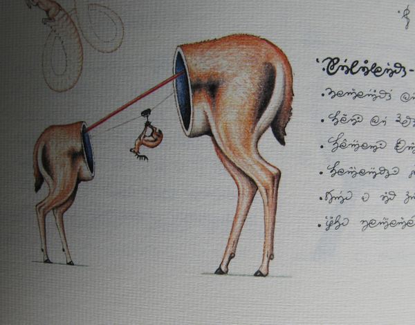 Page from the Codex Seraphinianus: two halves of a hollow deer joined by red threads, a tiny figure dangling between them, with asemic script