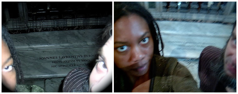 Two dim selfies at Bernini's grave slab in Santa Maria Maggiore — 'Ioannes Laurentius Bernini' carved in the marble behind wide eyes