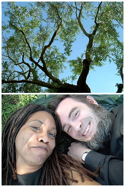 Diptych: looking up through an olive tree's branches at blue sky; below, a woman with dreadlocks and a smiling grey-bearded man lying in the grass