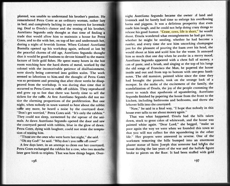 Spread of One Hundred Years of Solitude, pages 196–197, with 'Cease, cows, life is short' highlighted in yellow