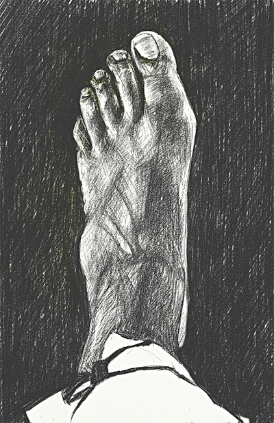 Dense pencil drawing of a bare left foot from above on near-black hatched ground, an ankle strap at the heel