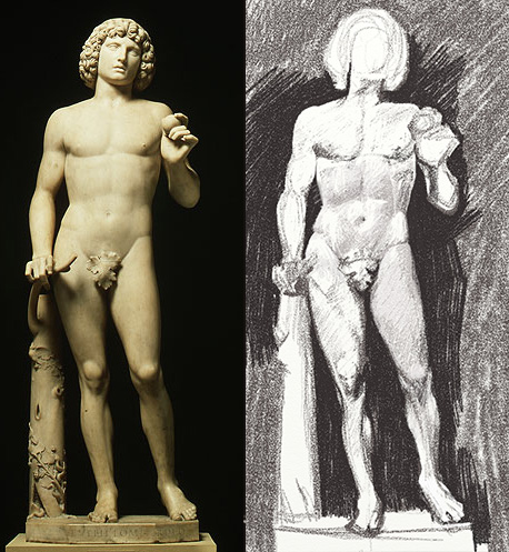 Michelangelo-school marble Adam beside a charcoal master copy of the same statue, face left blank in the drawing
