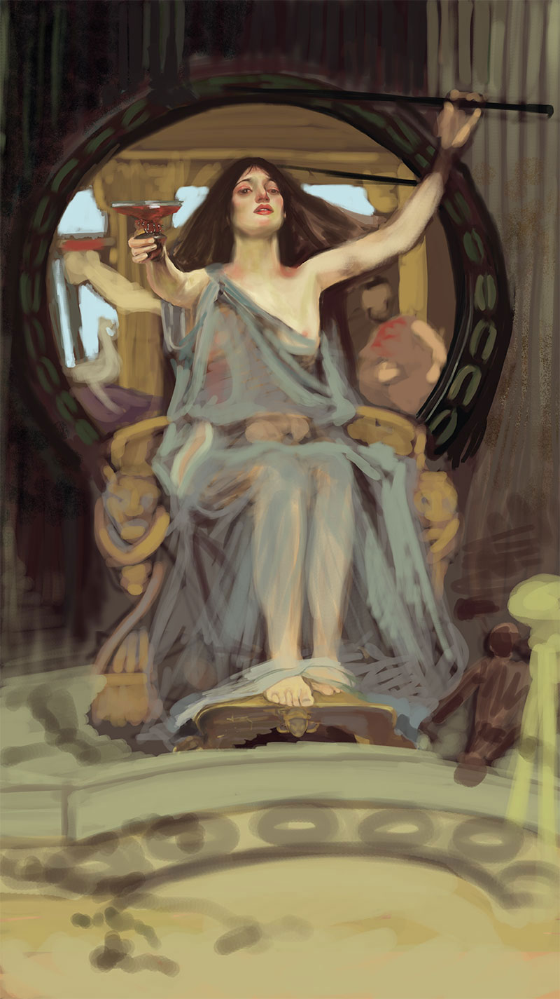 Master copy in progress of Waterhouse's Circe Offering the Cup to Ulysses — Circe enthroned before the round mirror, cup and wand raised