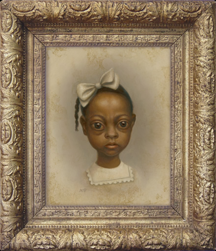 Mark Ryden-style painting in a heavy gilded frame: a big-eyed brown-skinned girl with a white hair bow and lace collar