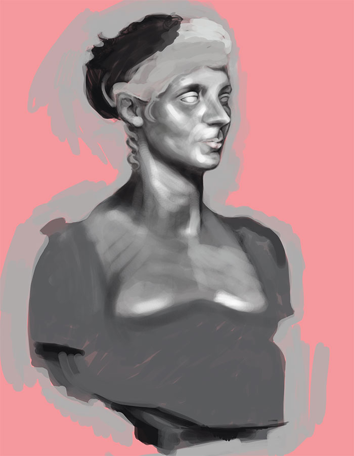 Grisaille digital study of a classical marble bust — woman with headband and braided hair — on a flat pink ground