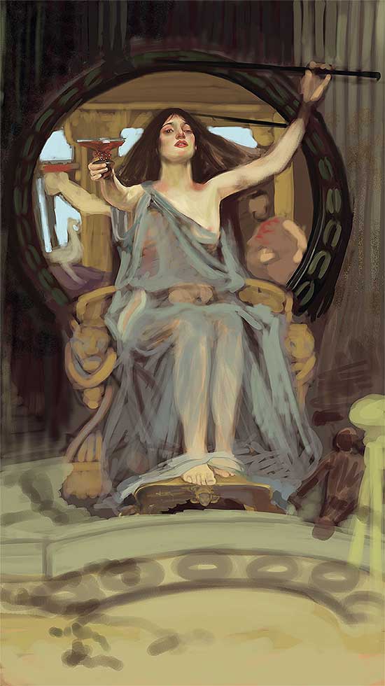 Further along: the Circe master copy after Waterhouse, drapery and throne beasts more resolved