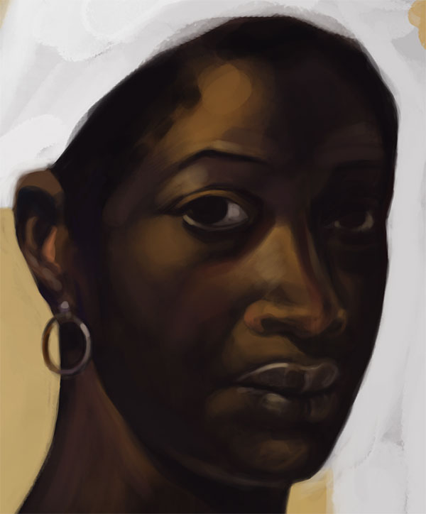 Close crop of a portrait study after a 19th-century painting: a black woman with hoop earring and white headwrap, unfinished edges