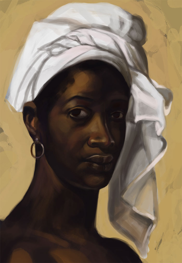 The same portrait head resolved: black woman in a white headwrap on ochre ground, after Benoist's Portrait of a Negress