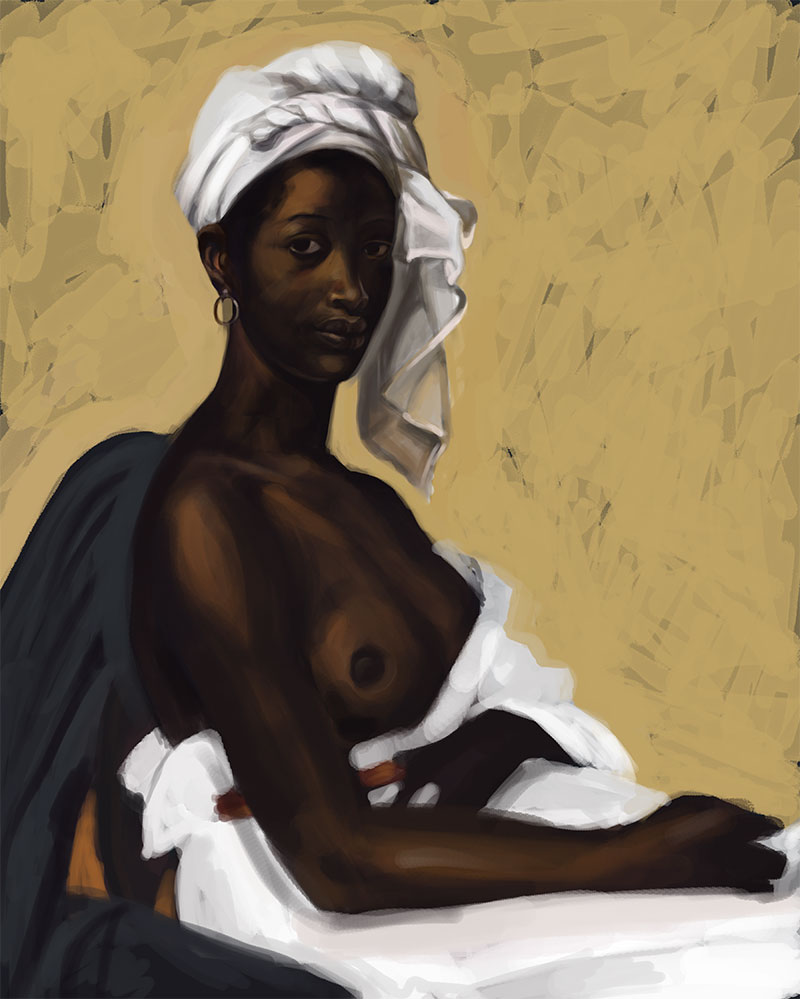 Full master copy after Benoist's Portrait of a Negress: seated black woman in white headwrap and drape, one breast bare, ochre ground