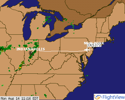 FlightView tracker map: flight DL5372 en route from Indianapolis to New York over a weather-radar map of the eastern US FlightView tracker map: flight DL5372 en route from Indianapolis to New York over a weather-radar map of the eastern US