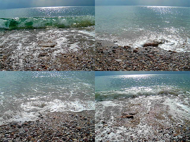 Four video stills of the Mediterranean surf breaking over pebbles, sun glittering on the water