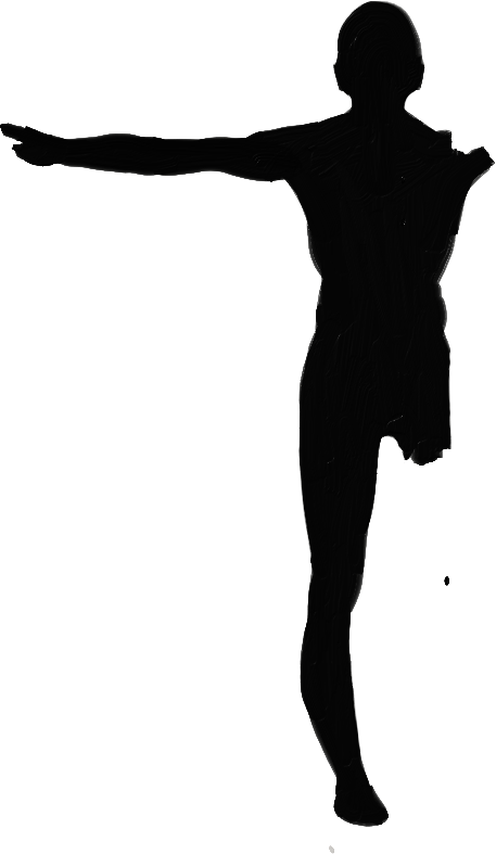 Solid black silhouette of a slim standing figure, one arm extended straight out to the left, one leg raised