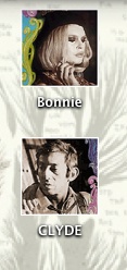 Two small painted portraits labeled Bonnie and CLYDE — blonde Faye Dunaway and Serge Gainsbourg-esque face, side by side