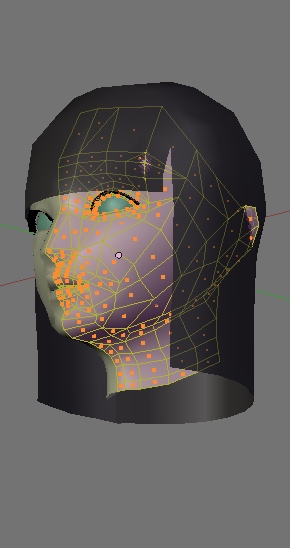 Blender screenshot: a girl's head model mid-retopology, orange wireframe patch over the cheek of a shaded doll-like face