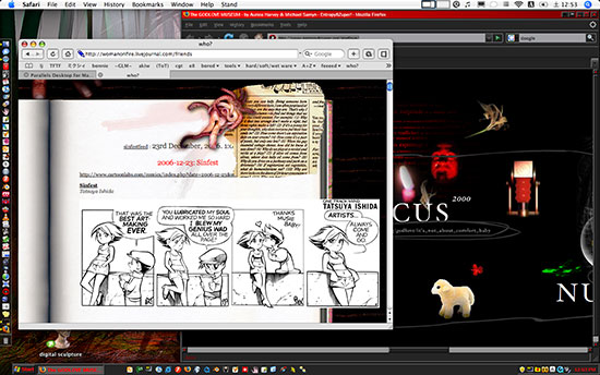 Cluttered Mac desktop: Firefox on a LiveJournal page with a Sinfest comic, over dark Godlove Museum imagery in the background