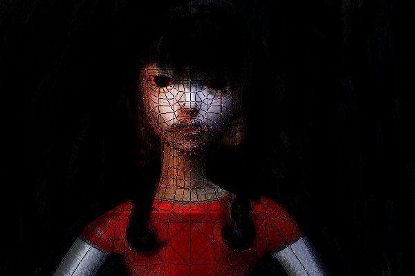 Dark render of a girl in a red dress facing forward, hair merging into blackness, her face and body a cracked mosaic wireframe — early Path work Dark render of a girl in a red dress facing forward, hair merging into blackness, her face and body a cracked mosaic wireframe — early Path work