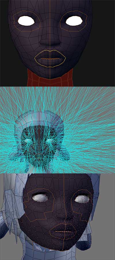 Three-part 3d modeling progress: dark doll face with white eyes, a head exploding in cyan normals-hair, and a wireframed face close-up Three-part 3d modeling progress: dark doll face with white eyes, a head exploding in cyan normals-hair, and a wireframed face close-up