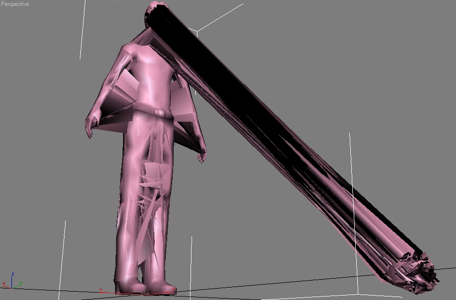 Broken 3d export: a pink low-poly suited figure with an enormous black cylinder skewered diagonally through its head to the floor