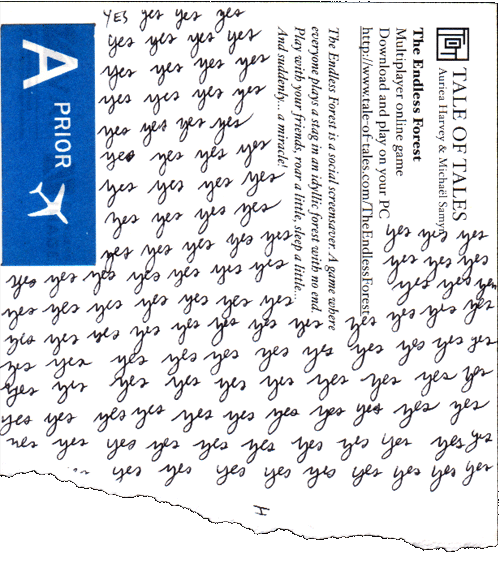 Torn scrap covered in handwritten 'yes yes yes' around a Tale of Tales Endless Forest calling card and a blue A PRIOR airmail sticker