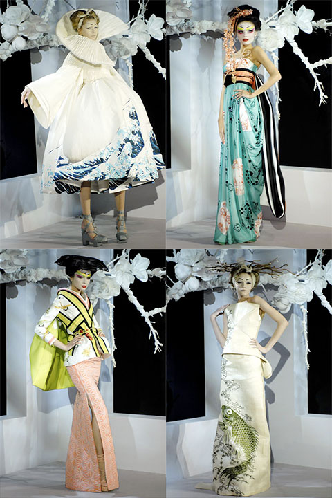 Four Dior haute couture looks by Galliano, Madame Butterfly themed: Hokusai-wave gown, kimono silhouettes and origami tailoring