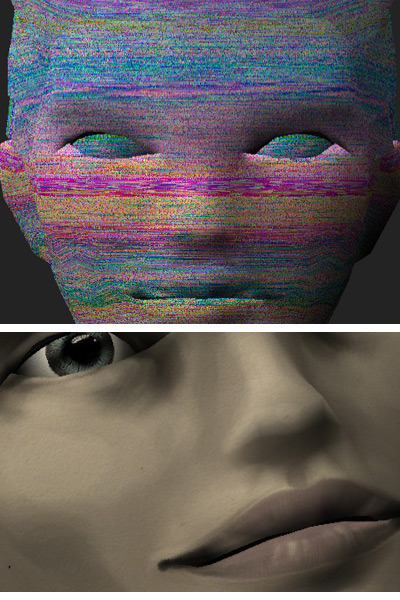 Two states of a 3d girl's face: buried in rainbow scanline noise above, and smooth with one glass eye looking out below