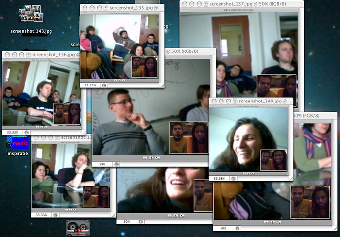 Mac desktop tiled with video-chat screenshots — a classroom of students on the far end, the two callers picture-in-picture in each window Mac desktop tiled with video-chat screenshots — a classroom of students on the far end, the two callers picture-in-picture in each window
