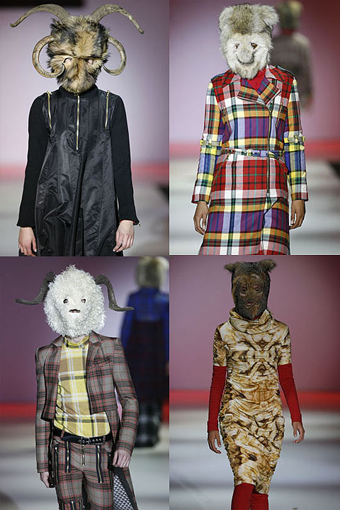 Four runway looks with furry animal masks — horned goat and sheep heads over tartan coats and prints