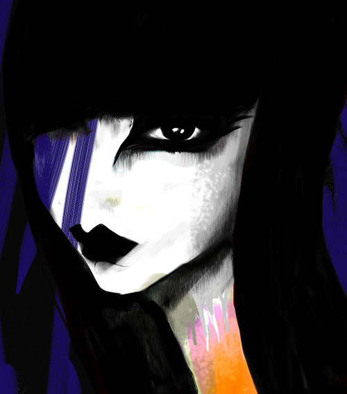 High-contrast digital portrait: pale face with heavy black eye makeup and black lips under a blunt black fringe, violet and orange accents High-contrast digital portrait: pale face with heavy black eye makeup and black lips under a blunt black fringe, violet and orange accents
