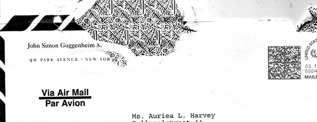 Airmail envelope from the John Simon Guggenheim Memorial Foundation, 90 Park Avenue, addressed to Ms. Auriea L. Harvey