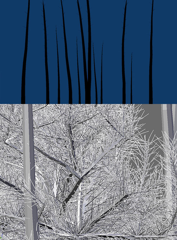 Vector-flat forest study in two registers: thin black saplings on flat blue above, dense white frost-like branches and pale trunks below Vector-flat forest study in two registers: thin black saplings on flat blue above, dense white frost-like branches and pale trunks below