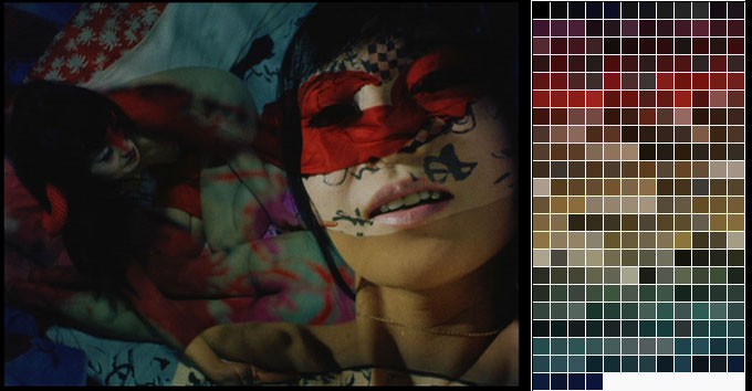 Film still of a woman with red fabric mask across her eyes and ink marks on her face, beside a mosaic of the same image reduced to color swatches
