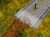 Tiny game screenshot: a figure standing alone in the middle of a cracked grey road through mottled green-orange terrain Tiny game screenshot: a figure standing alone in the middle of a cracked grey road through mottled green-orange terrain
