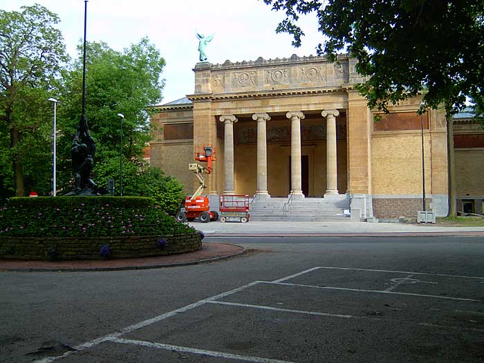 The Museum of Fine Arts Ghent (MSK) with its columned portico, a red cherry-picker parked on the front steps mid-renovation