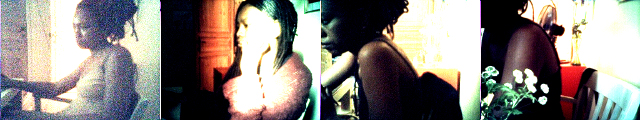 Filmstrip of four grainy webcam frames in sickly greens and reds: a woman at a piano, in a fur collar, resting on an arm, beside flowers