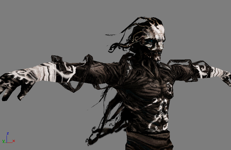 Game character model: a gaunt zombie-like man with skull-white face, arms outstretched in T-pose, black tattered body with white markings