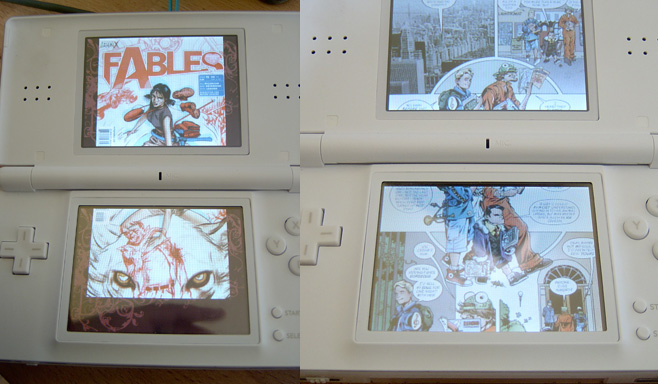 A Fables comic read on a Nintendo DS: cover with boxing-glove title on top screen, then two-page spreads across both screens