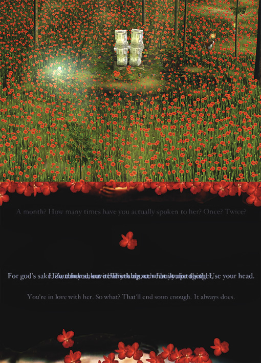 The Graveyard-era prototype: two white vases in an endless field of red poppies, above dark text panels of overlapping muttered dialogue The Graveyard-era prototype: two white vases in an endless field of red poppies, above dark text panels of overlapping muttered dialogue