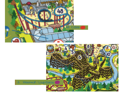 Two cartoon theme-park map details: the Cobra loop coaster marked 48, and the wooden Weerwolf/Loup Garou coaster marked 6 Two cartoon theme-park map details: the Cobra loop coaster marked 48, and the wooden Weerwolf/Loup Garou coaster marked 6